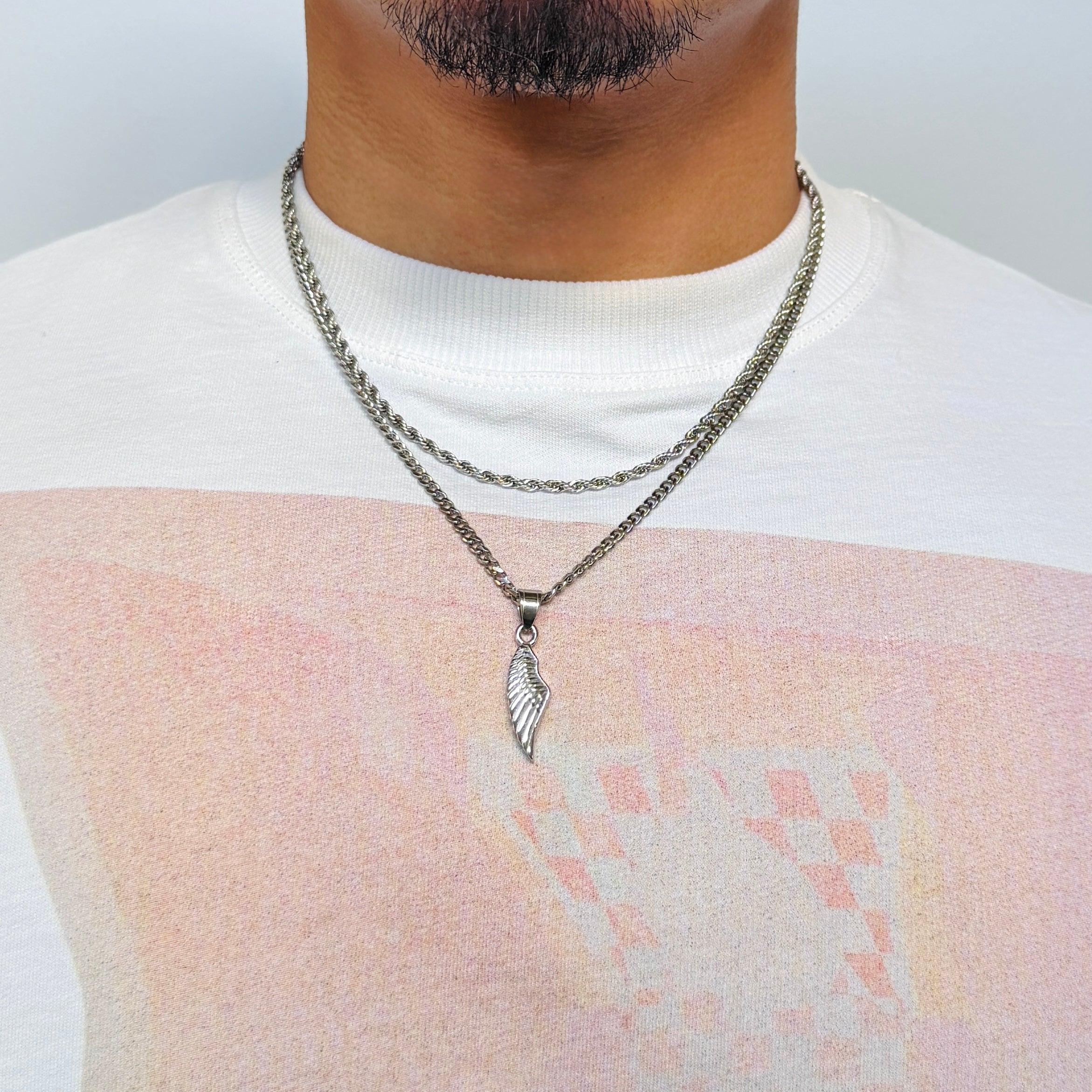 Wing Pendant Rope + Cuban Chain Stack
