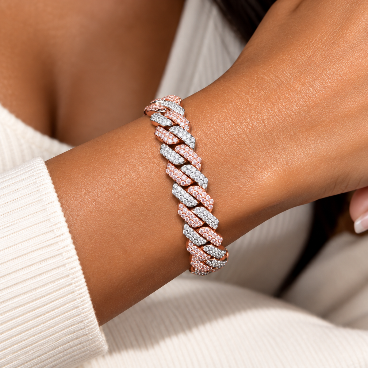 Two Tone Rose Gold Diamond Prong Bracelet 14mm