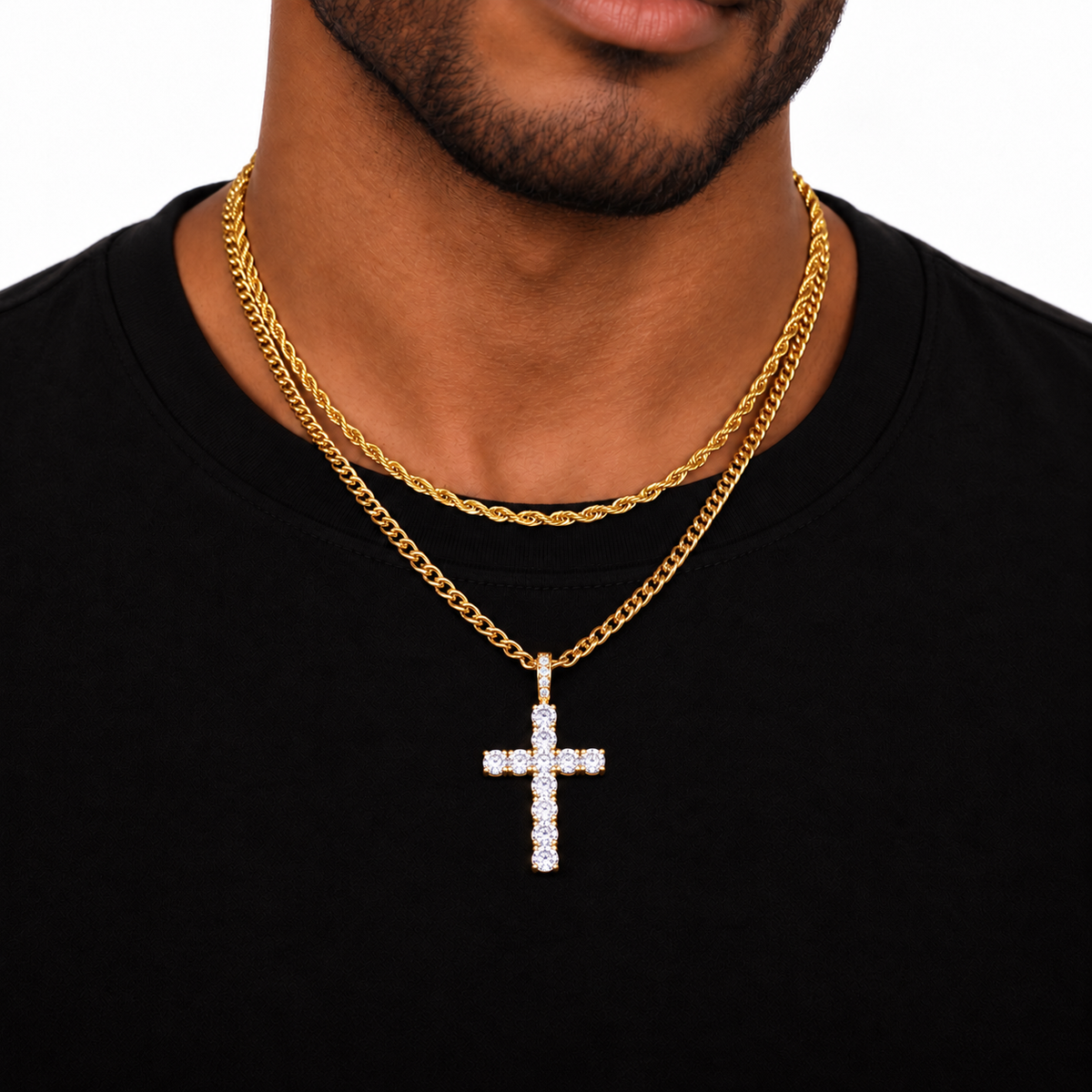 Cross Pendant Rope + Cuban Chain Stack