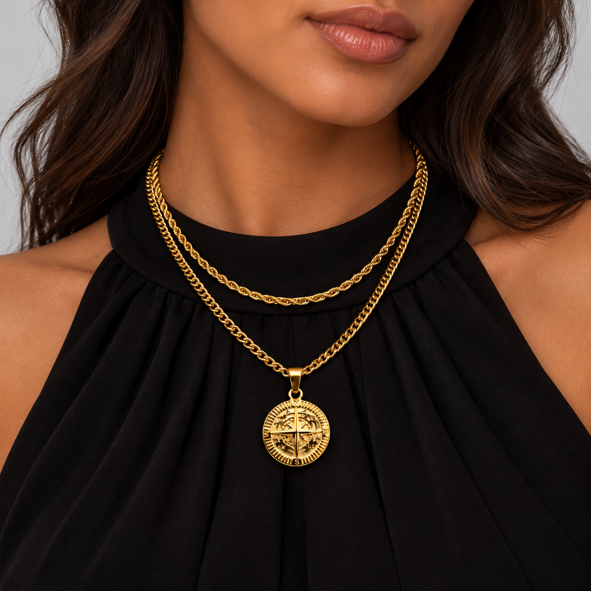 Compass Pendant Rope + Cuban Chain Stack