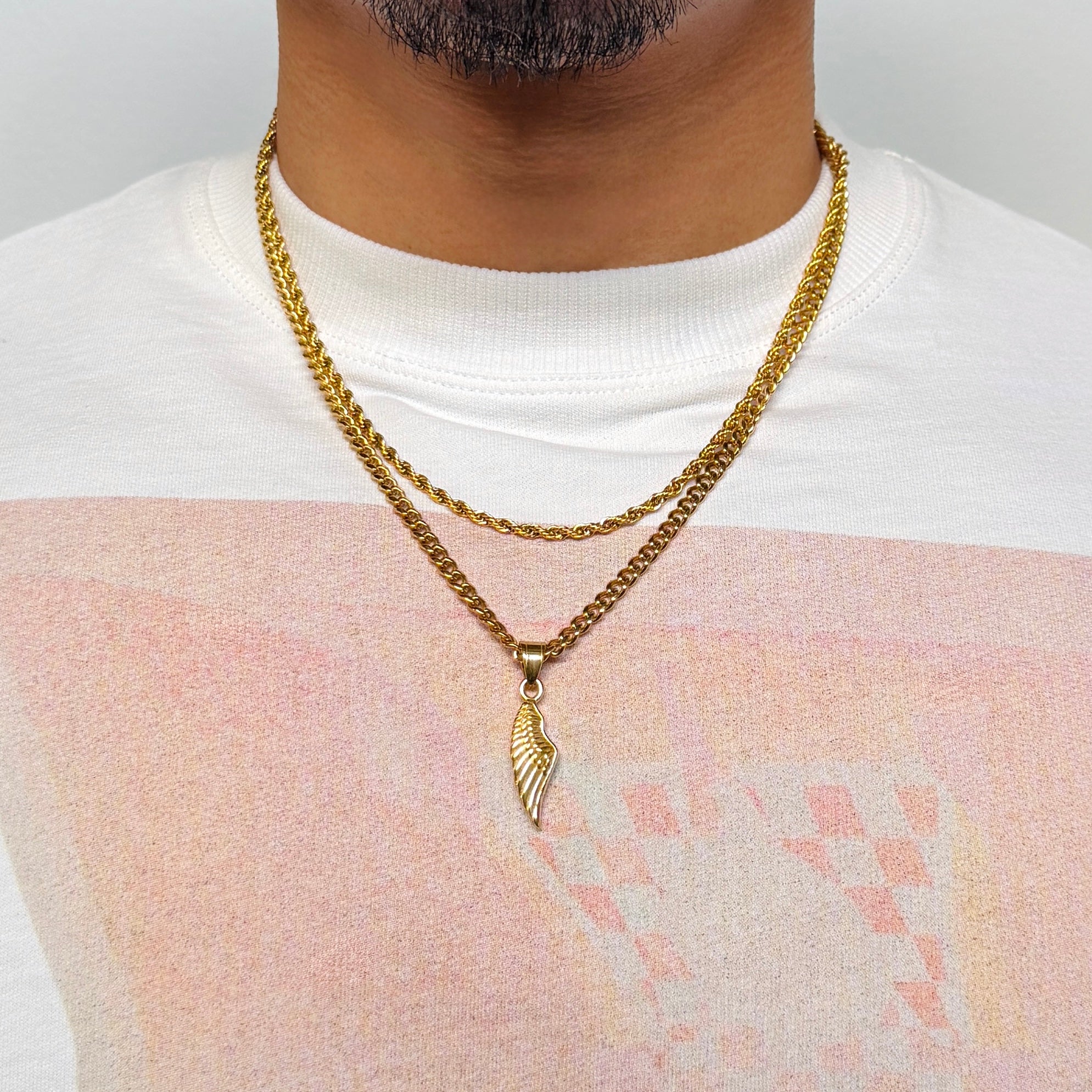 Wing Pendant Rope + Cuban Chain Stack