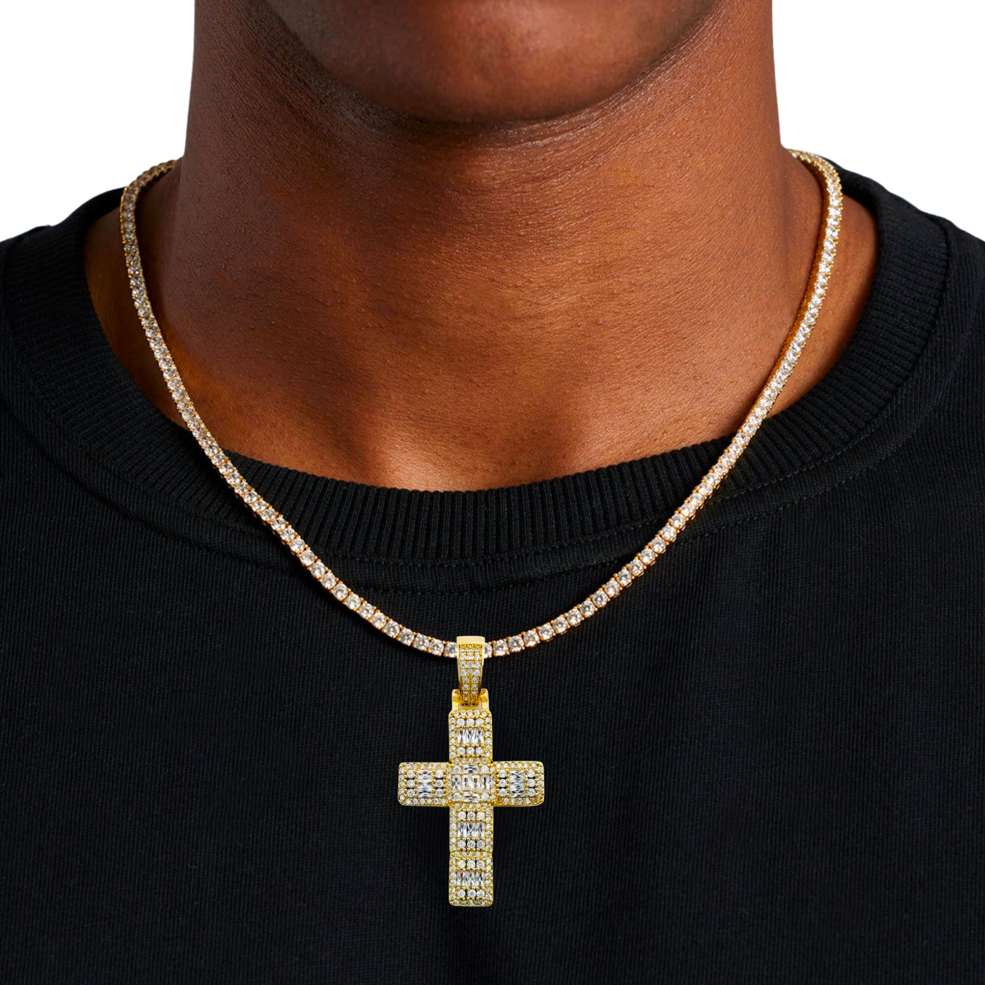 Baguette Cross Diamond Gold Pendant