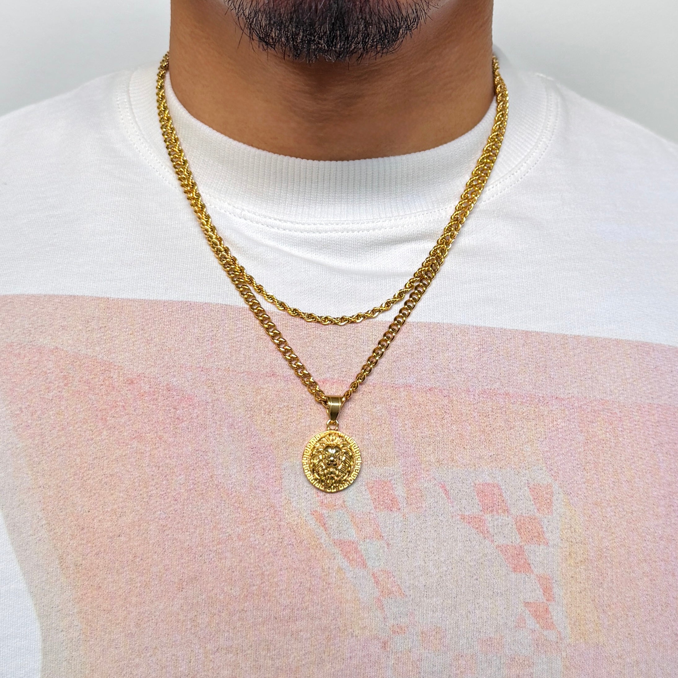Lion Pendant Rope + Cuban Chain Stack