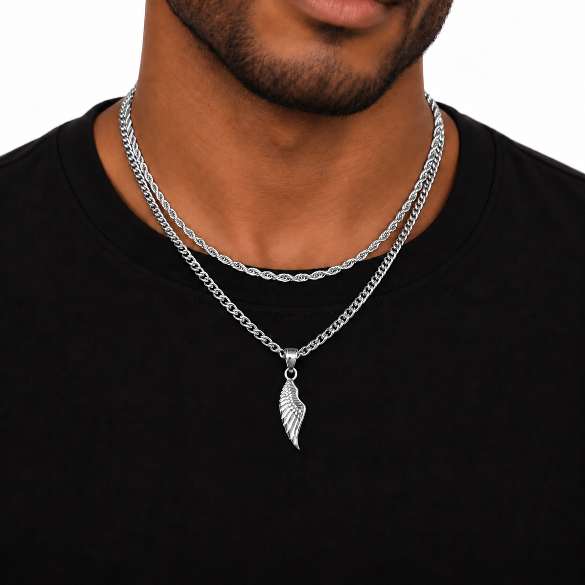Wing Pendant Rope + Cuban Chain Stack