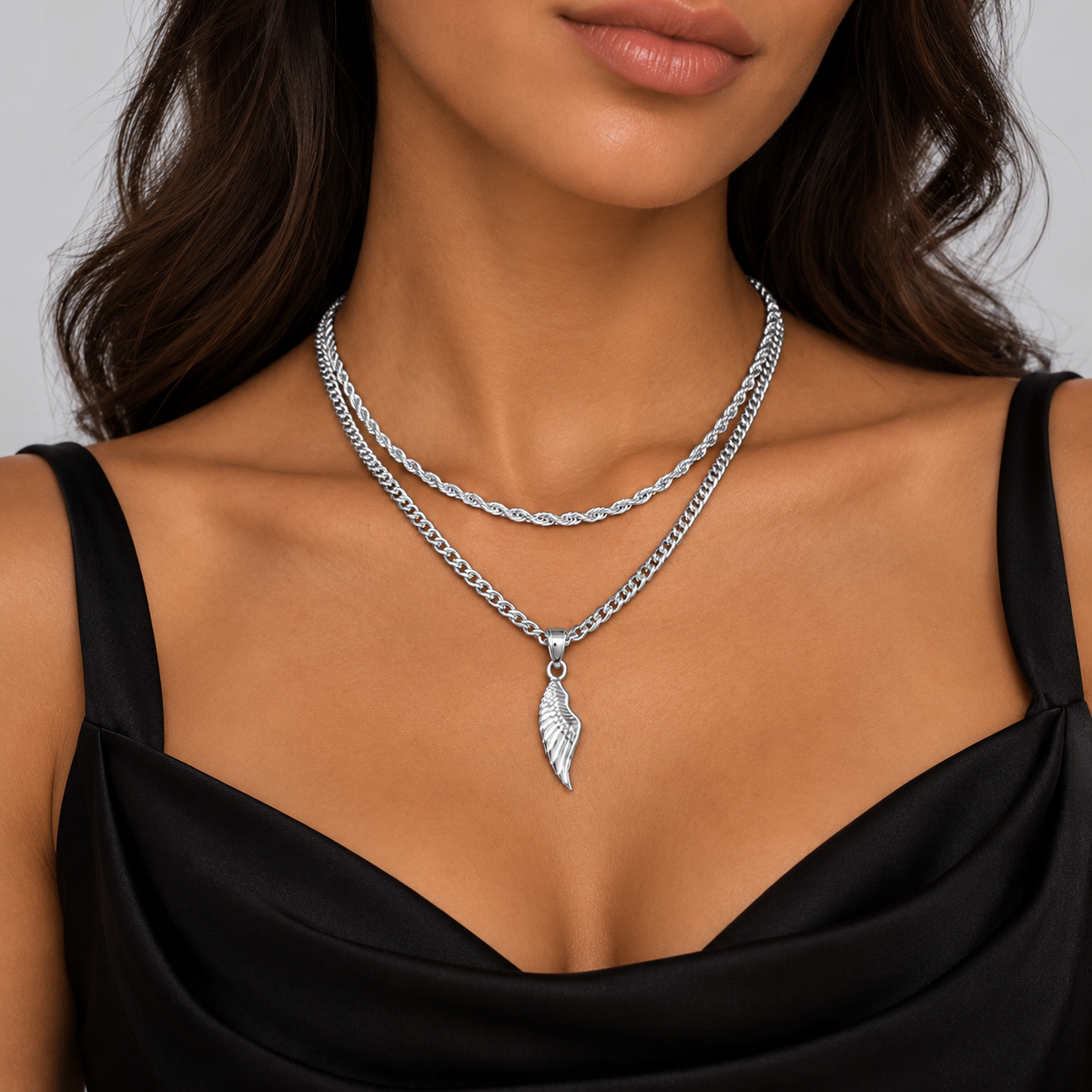 Wing Pendant Rope + Cuban Chain Stack
