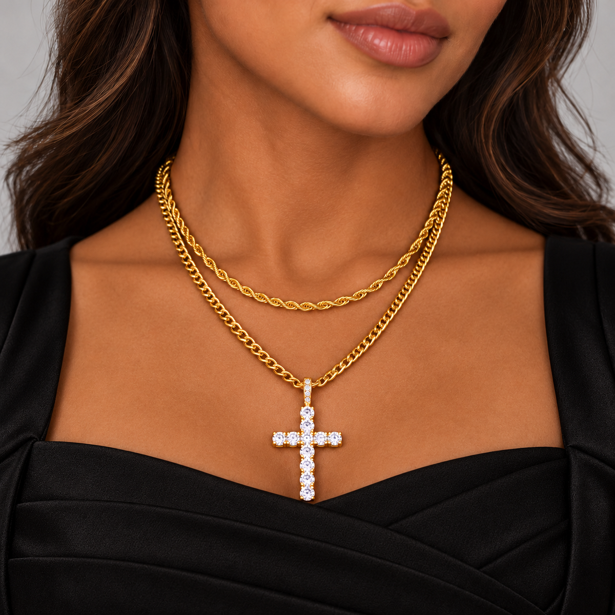 Cross Pendant Rope + Cuban Chain Stack