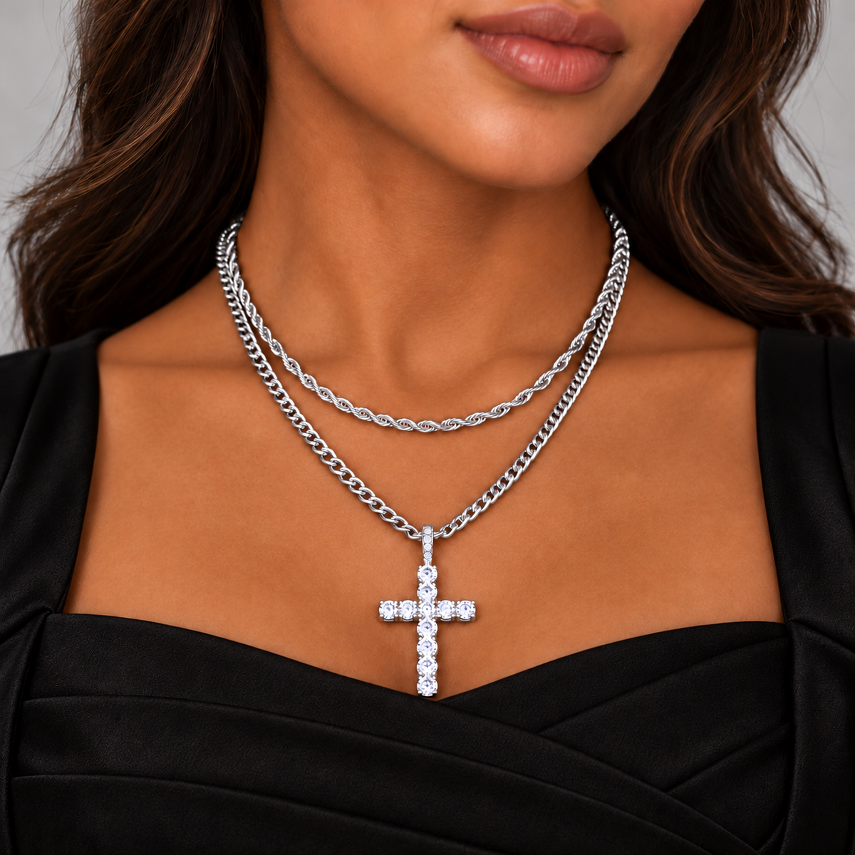 Cross Pendant Rope + Cuban Chain Stack