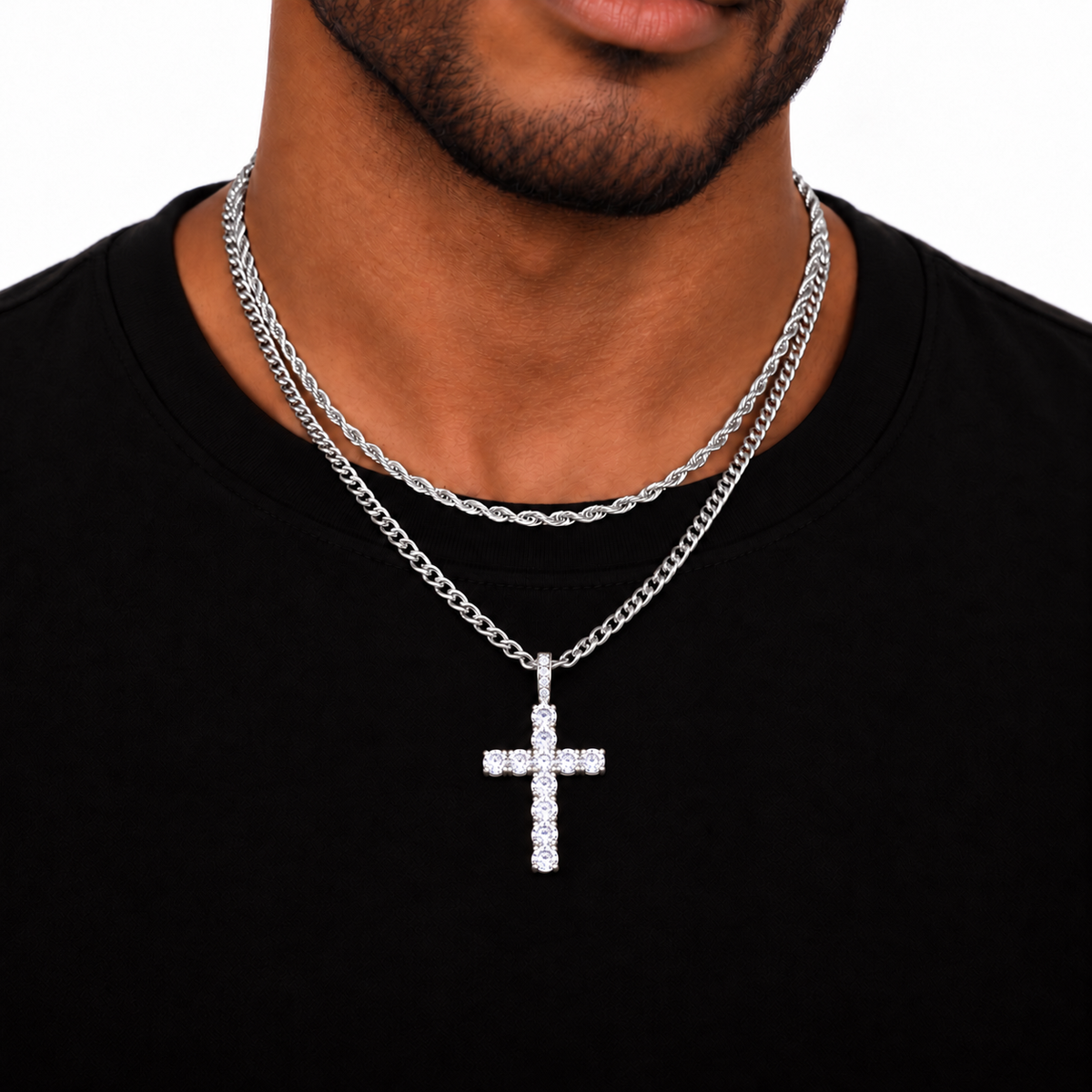 Cross Pendant Rope + Cuban Chain Stack