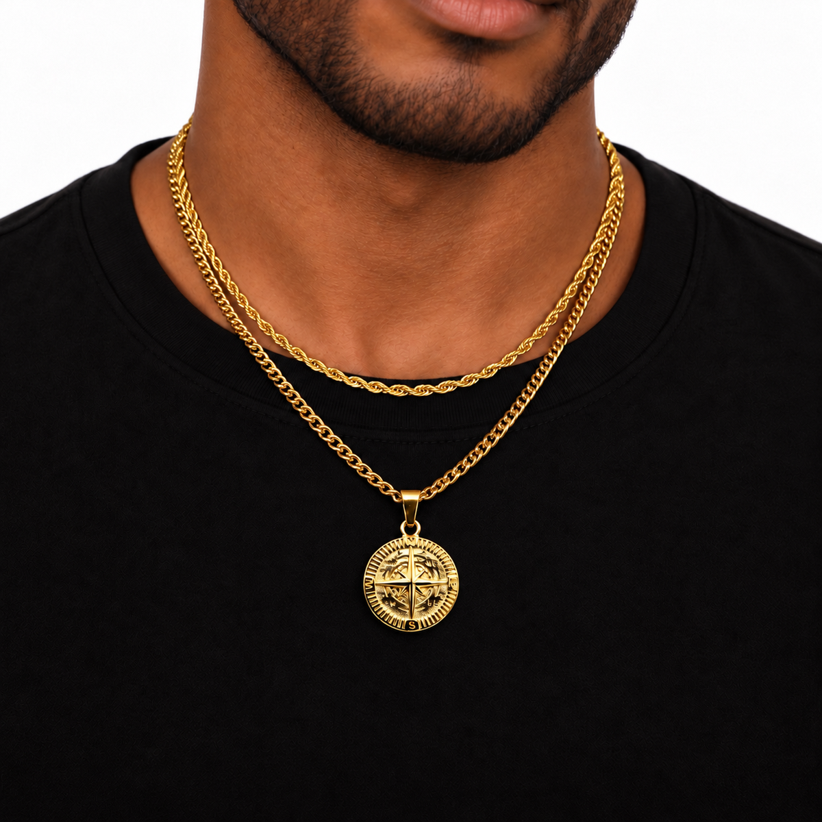 Compass Pendant Rope + Cuban Chain Stack