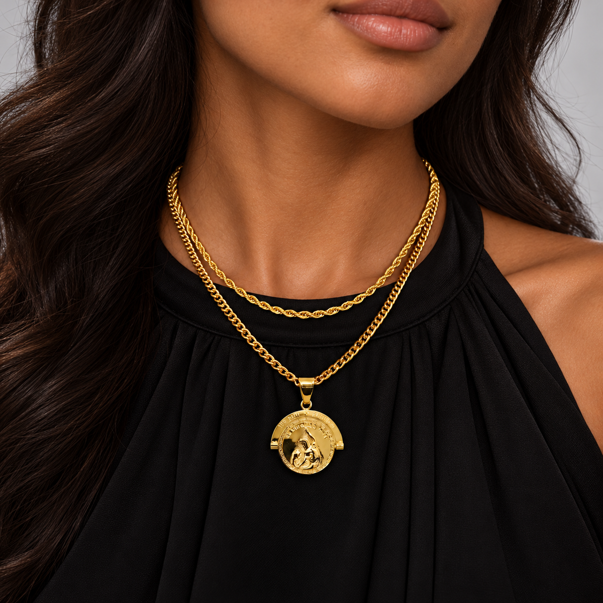Double Coin Pendant Rope + Cuban Chain Stack