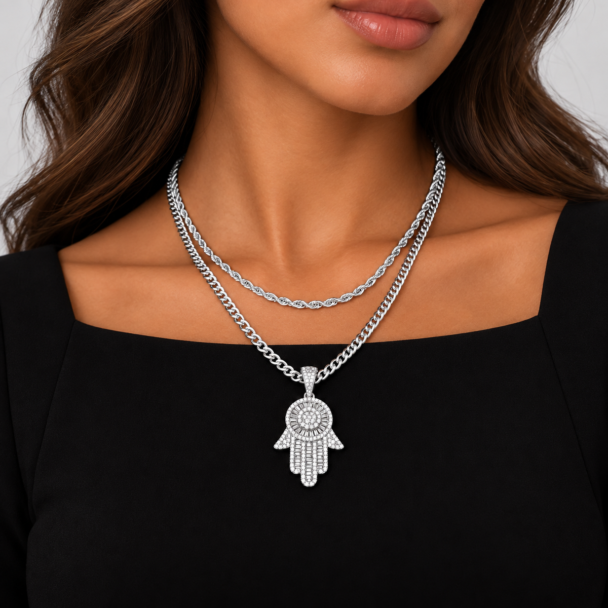 Hamsa Pendant Rope + Cuban Chain Stack