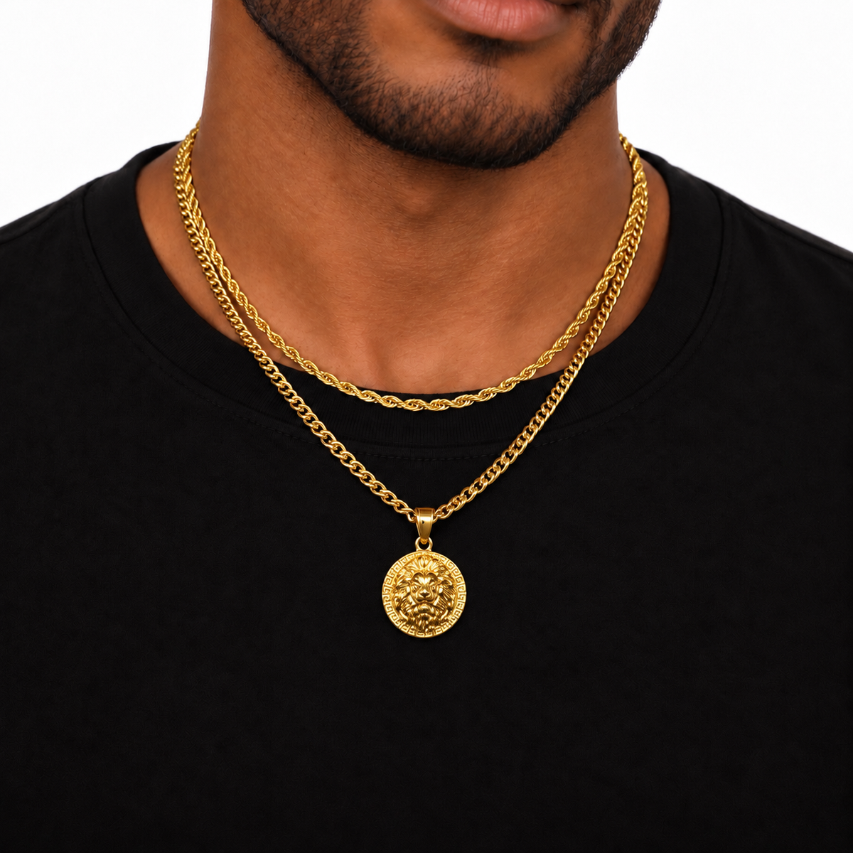 Lion Pendant Rope + Cuban Chain Stack