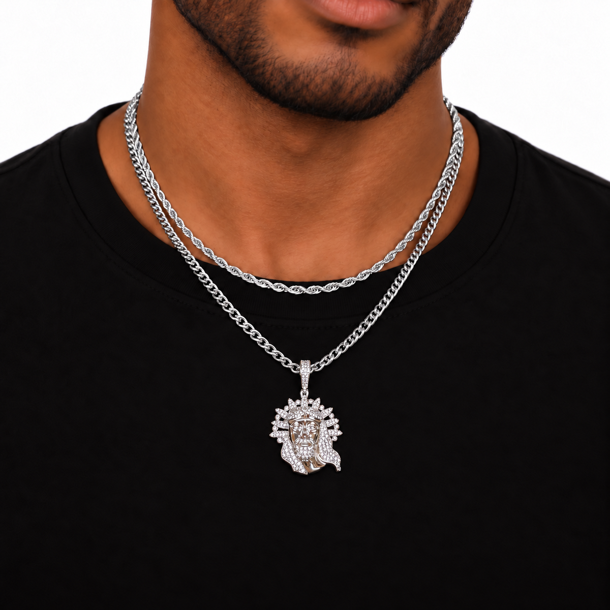 Jesus Pendant Rope + Cuban Chain Stack